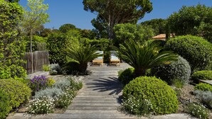A garden pathway leading to a wooden deck with two lounge chairs, surrounded by various shrubs and a large tree. - Luxury villa with private pool - 10 mn from St Tropez (Grimaud)
