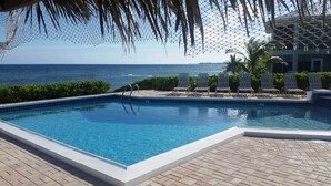 Una piscina con vista al océano, rodeada de palmeras y sillas de descanso.