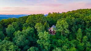 A house surrounded by dense forest with a view of distant mountains.