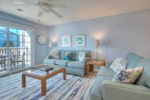 Living area - Enjoy ocean views at WBV 103 A Stones Throw, a cozy 2BR condo in Oak Island. (Oak Island)