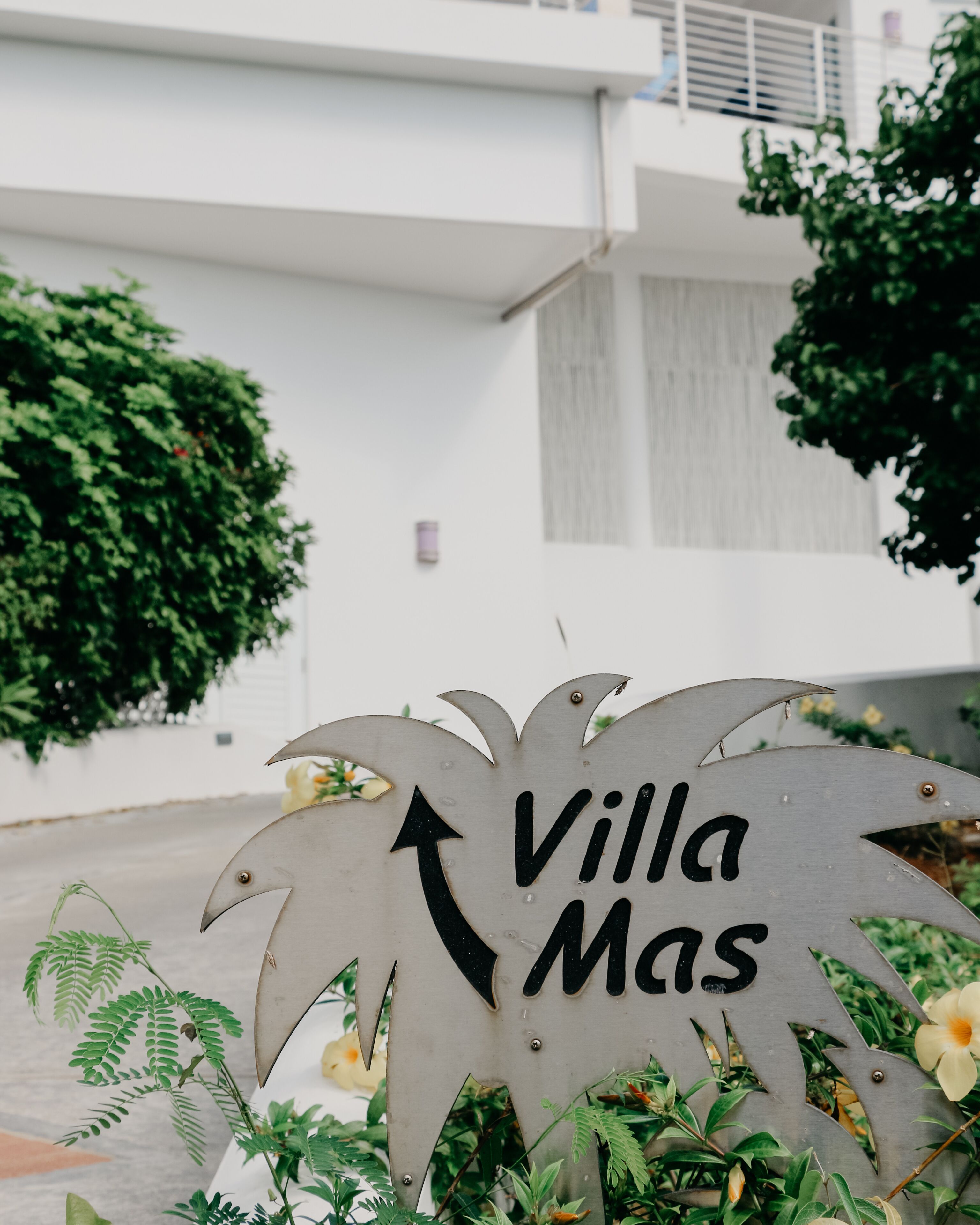 Ein Schild mit dem Schriftzug "Villa Mas" in einer verspielten Schrift, umgeben von Grünpflanzen und einem modernen Gebäude im Hintergrund.