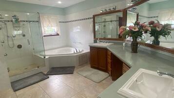 Combined shower/tub, jetted tub, hair dryer, bidet