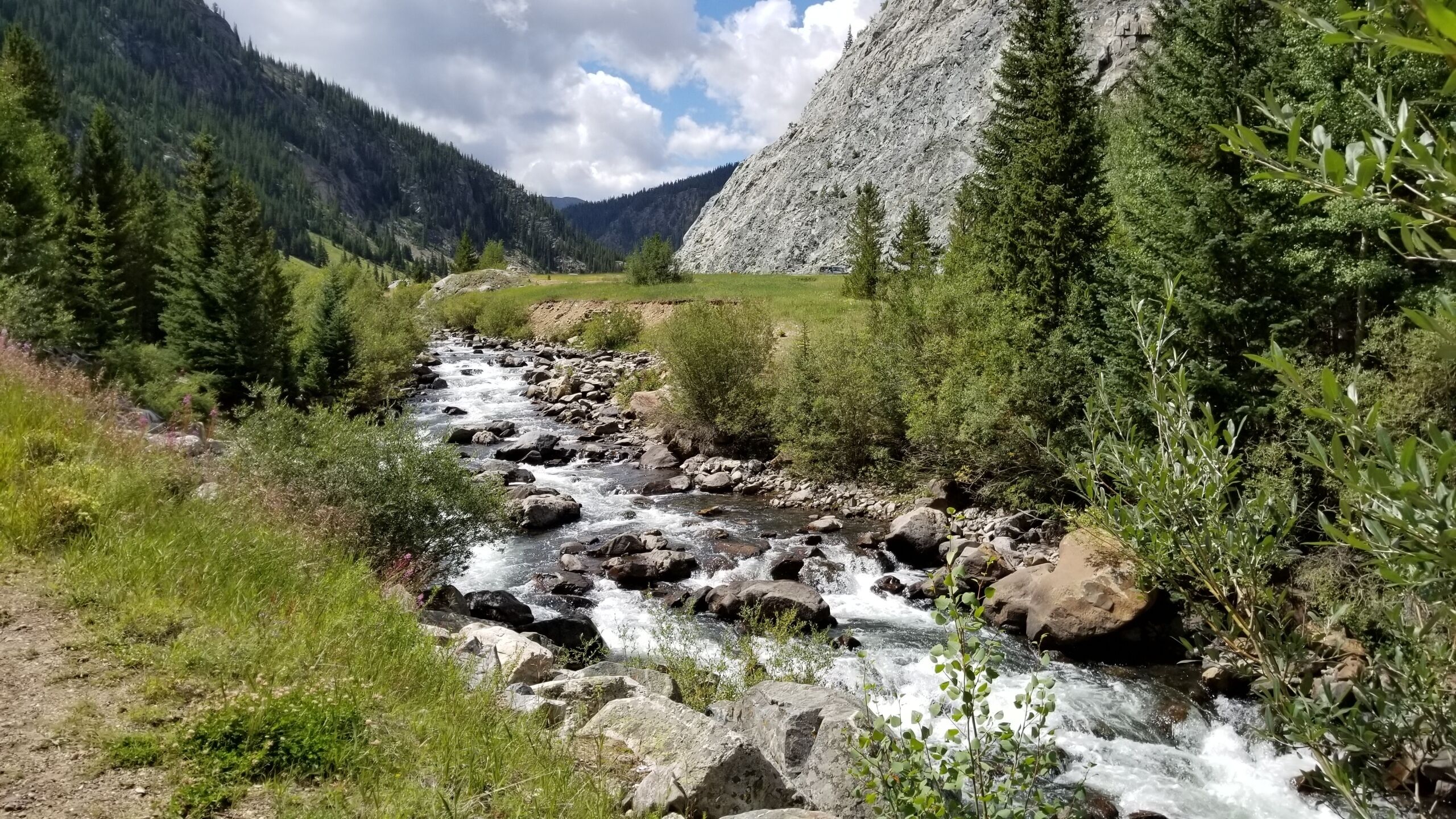 Un río serpentea por un paisaje montañoso, con bosques densos y terreno rocoso.