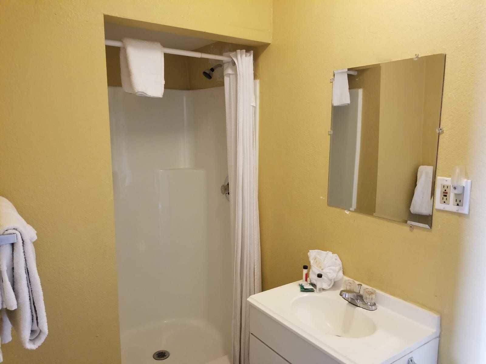 Une salle de bain équipée d’une douche, d’un lavabo, d’un miroir et d’un porte-serviettes.