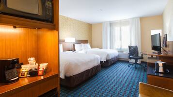 Desk, laptop workspace, blackout curtains, iron/ironing board