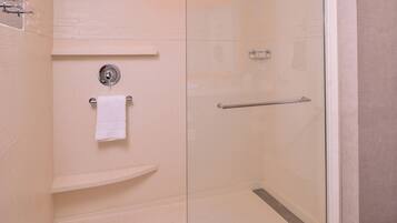 A glass-enclosed shower area with a towel rack, a toilet paper holder, and a shelf.
