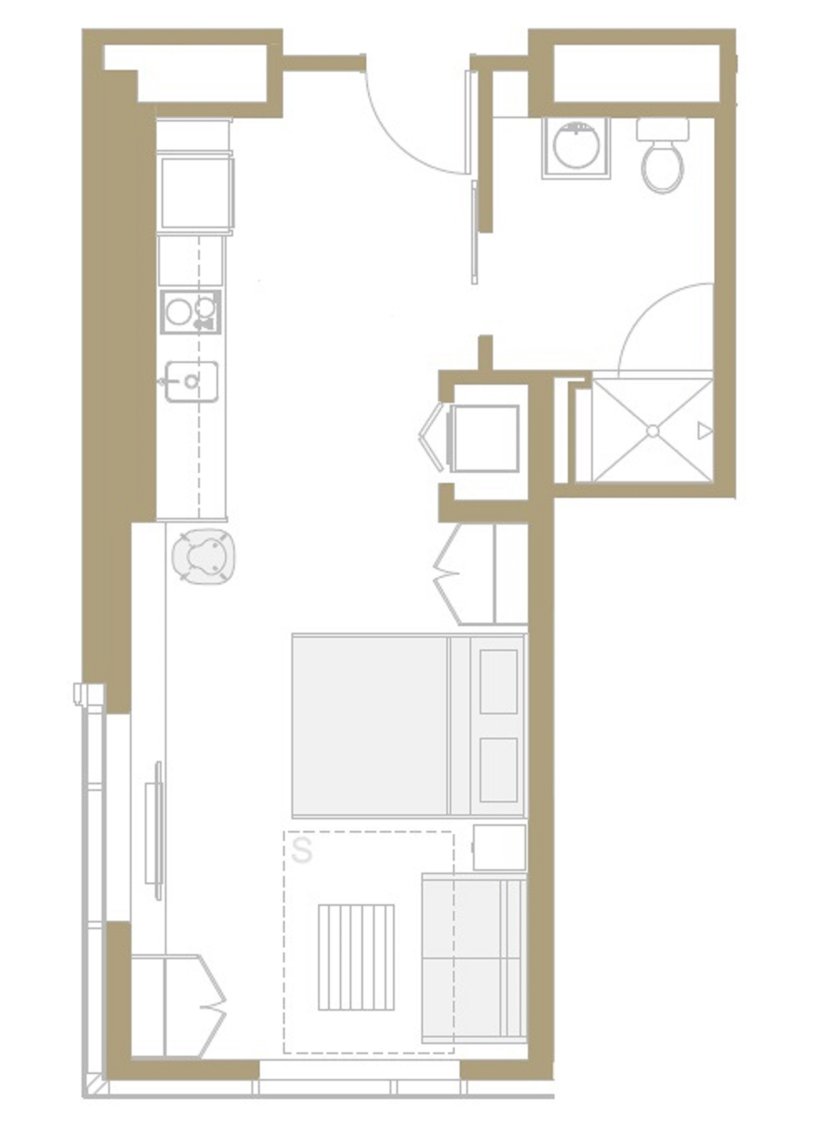A floor plan with a kitchen, dining area, and a large living space.