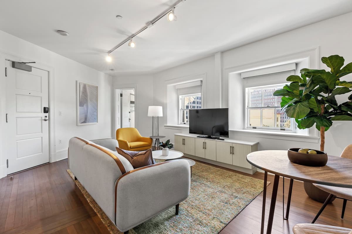 A modern living room with a sofa, armchair, TV, dining table, and a large plant.