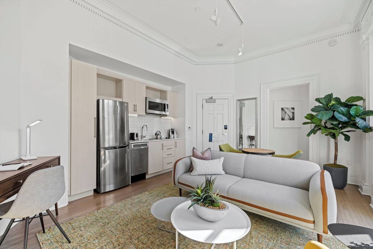 A modern kitchen with stainless steel appliances, a dining area with a sofa, and a large potted plant.