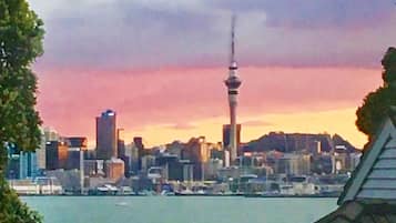 A city skyline with a prominent tower, a body of water, and a building with a sloped roof.
