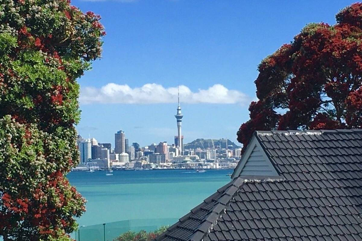 A city skyline with a prominent tower, a body of water, and a residential area with a tiled roof.
