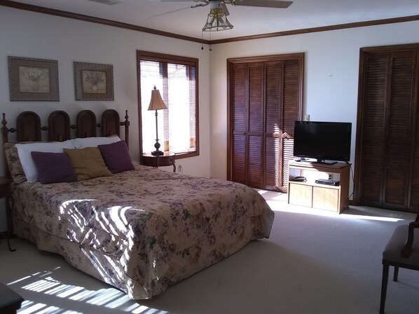 A bedroom with a bed, a television on a stand, a window with blinds, and a ceiling fan.