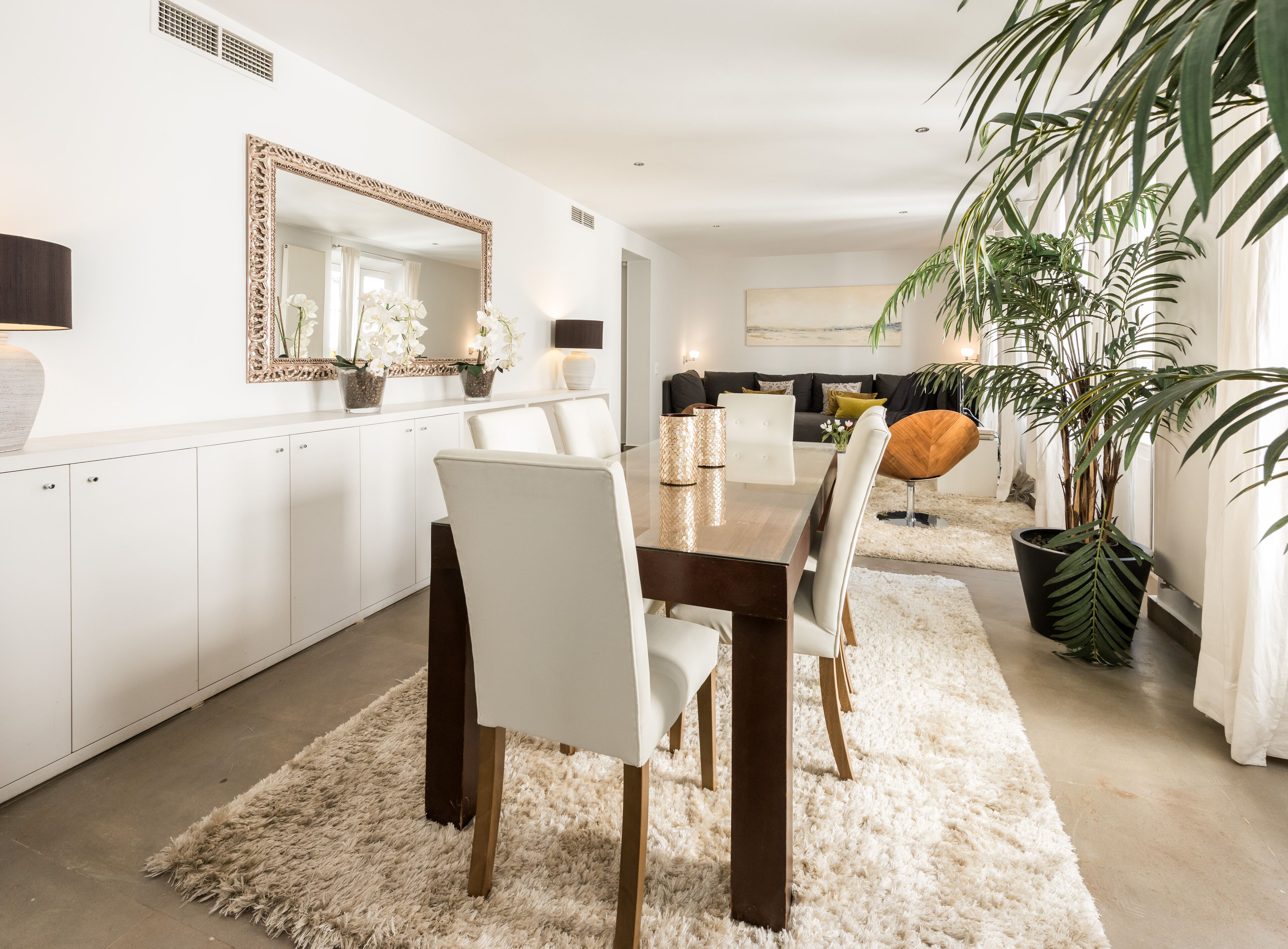 Un comedor moderno con una mesa de madera y sillas blancas, un espejo grande y una planta en maceta.
