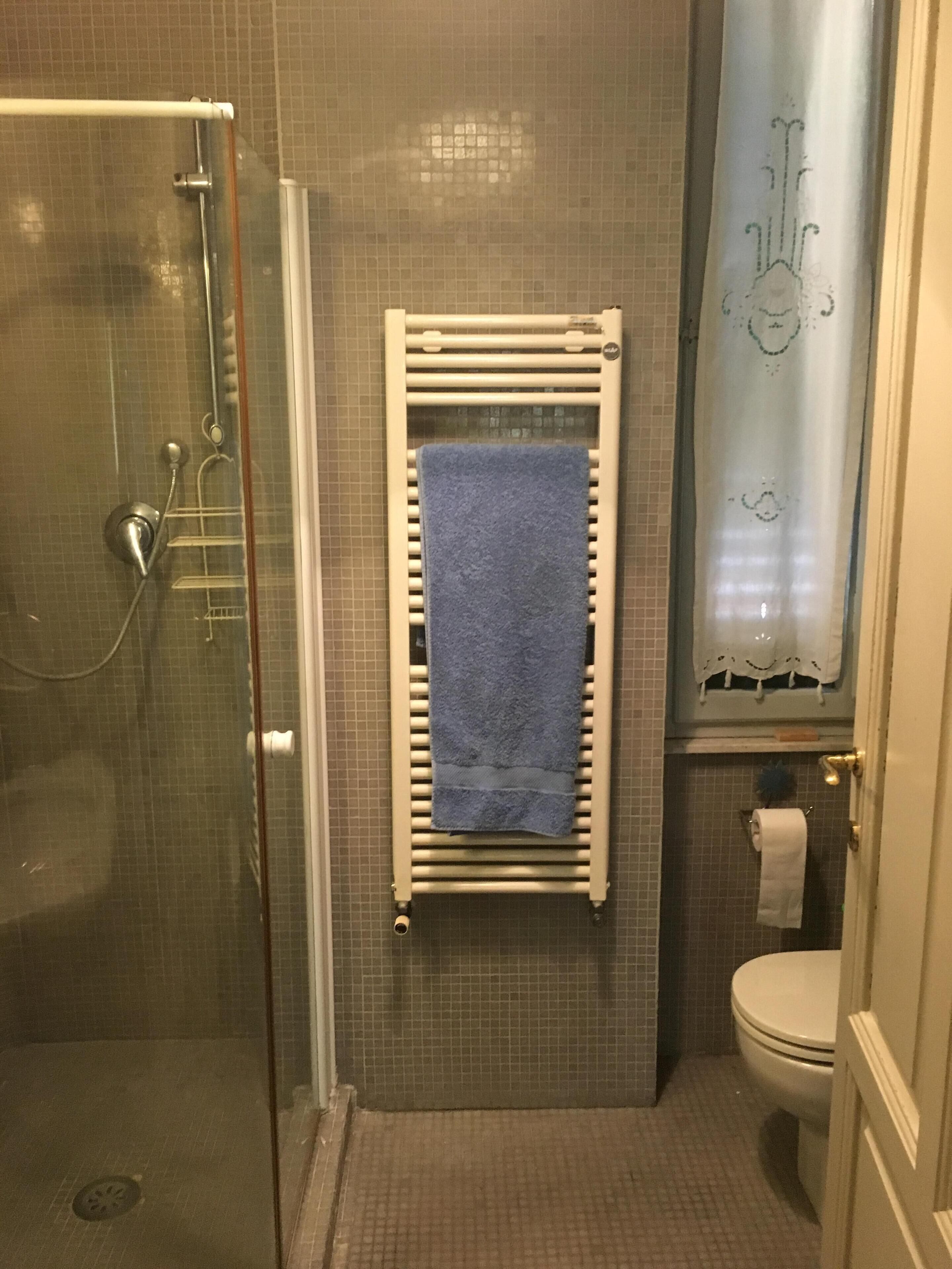Un bagno con box doccia in vetro, un porta asciugamani con un asciugamano blu, un water e una tenda decorativa.