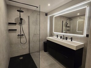 Shower, hair dryer, towels