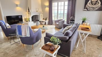 Télévision, cheminée, lecteur de DVD, vidéothÚque