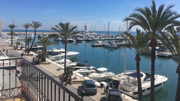 A marina with boats docked, palm trees, and a clear blue sky. - Manilva Andalusië, Spain (Manilva)