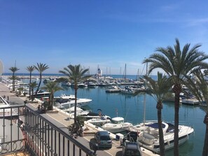 Ein Hafen mit vertäuten Booten, Palmen und blauem Himmel.