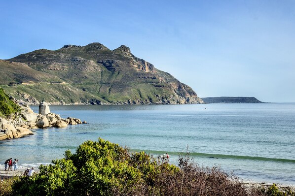 A coastal landscape with a rocky shoreline, a clear sky, and a distant mountain.