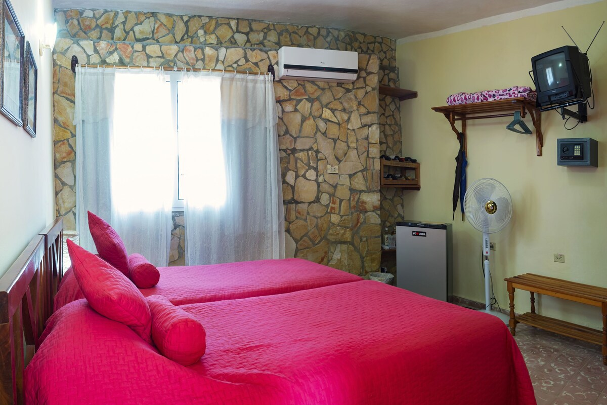 A room with a stone wall, a bed with red bedding, a small TV, and a fan.