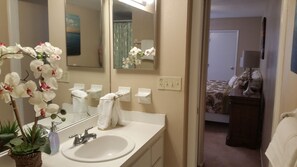 Shower, hair dryer, towels, toilet paper