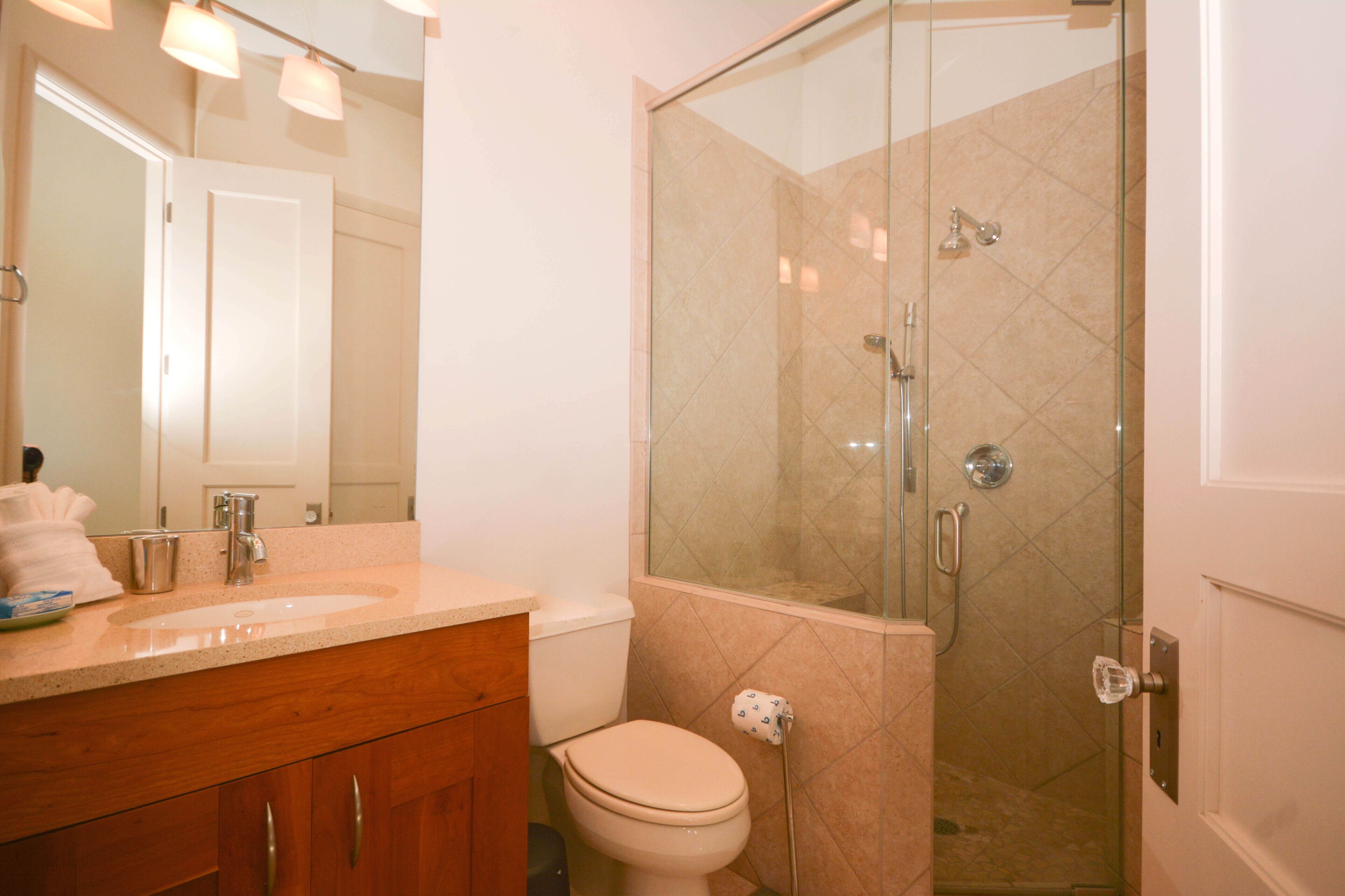 A bathroom with a glass-enclosed shower, a sink with a mirror, and a toilet.
