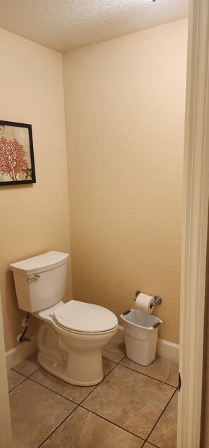 Hair dryer, towels, soap, toilet paper