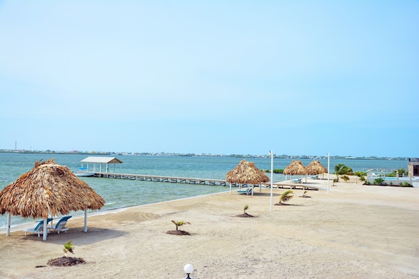 On the beach, sun loungers