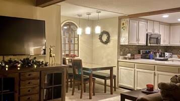 Smart TV, fireplace, video games, DVD player