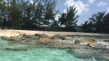 On the beach, sun-loungers, beach towels