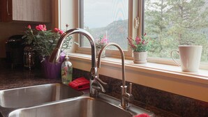 A kitchen with two stainless steel sinks, a window with a view of trees, and a countertop with a red towel and a white mug. - Chalet Style Suite on Peachland Acreage (Peachland)