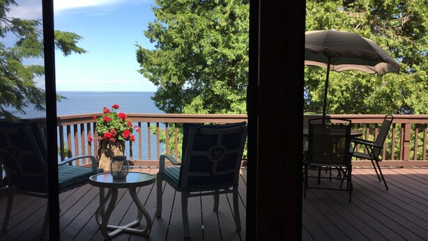 A deck with a table and chairs, a potted plant with red flowers, and a view of the ocean.