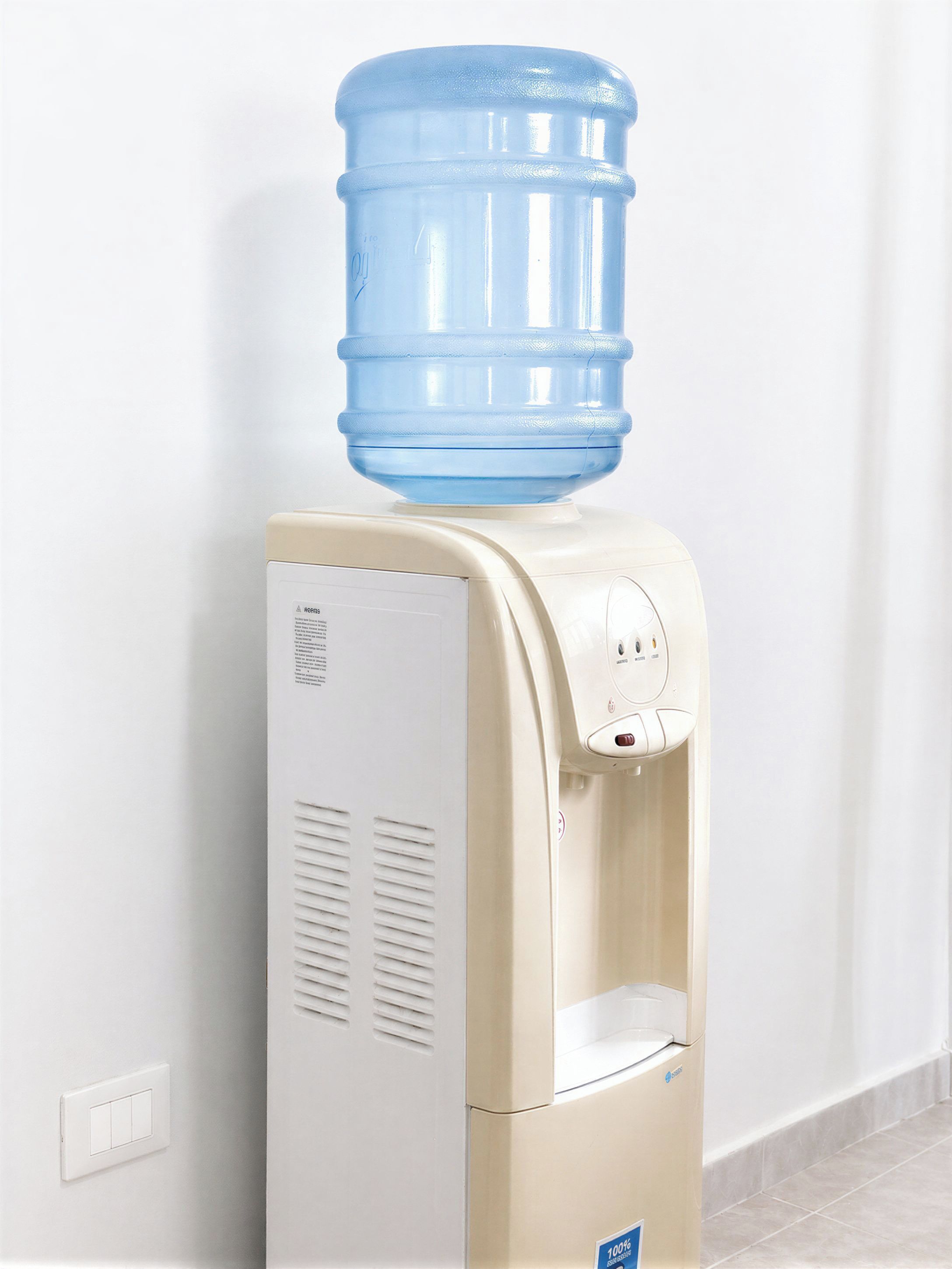 Un dispensador de agua con una jarra azul encima, un panel de control y un portabotellas.