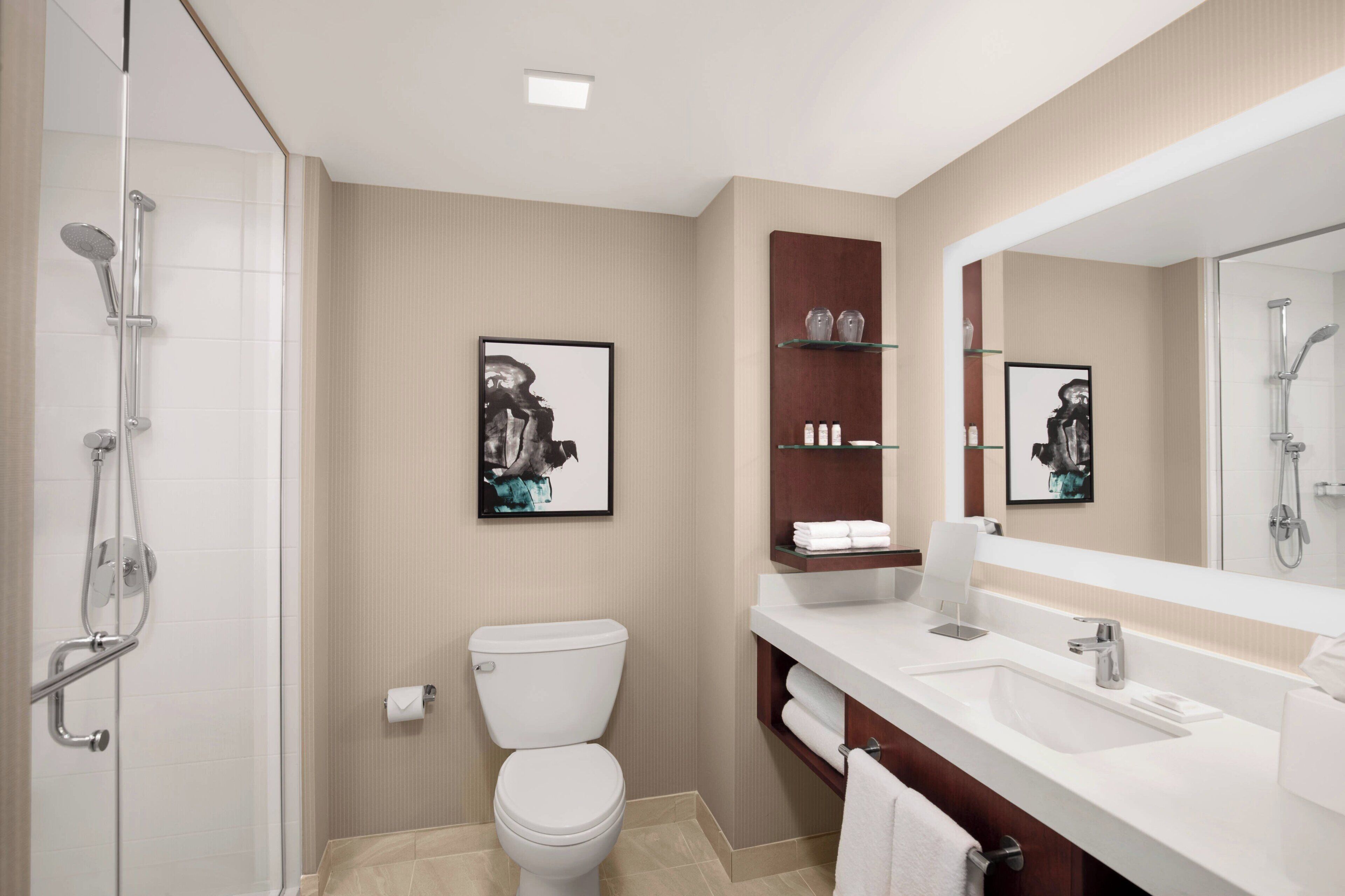 combined shower/bathtub, free toiletries, hair dryer, towels