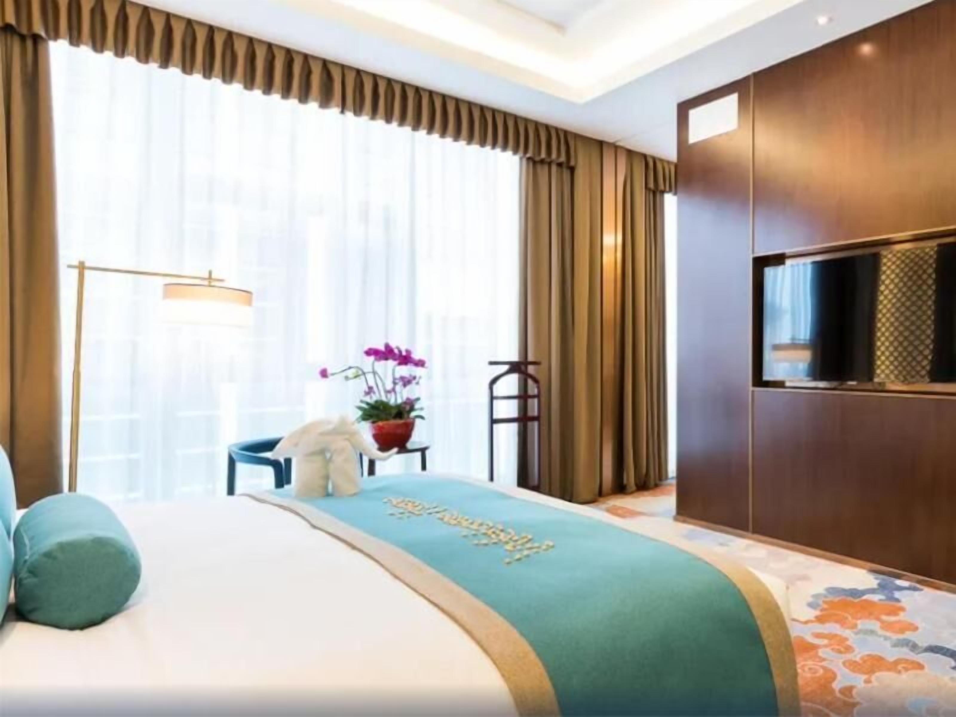 A hotel room with a bed, a TV, a potted plant, and a window with curtains.