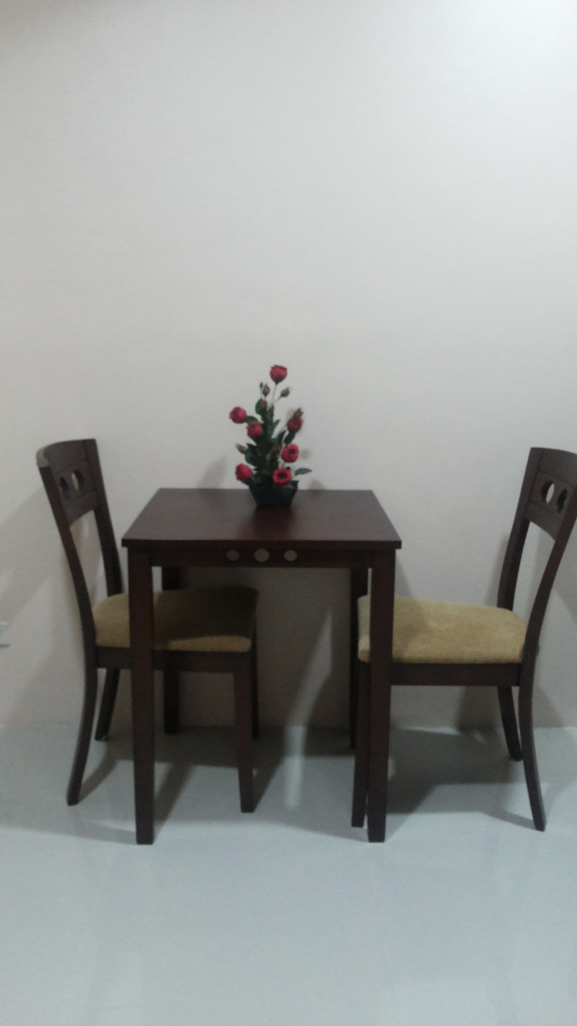A small wooden table with two chairs, a potted plant with red flowers, and a plain white wall.