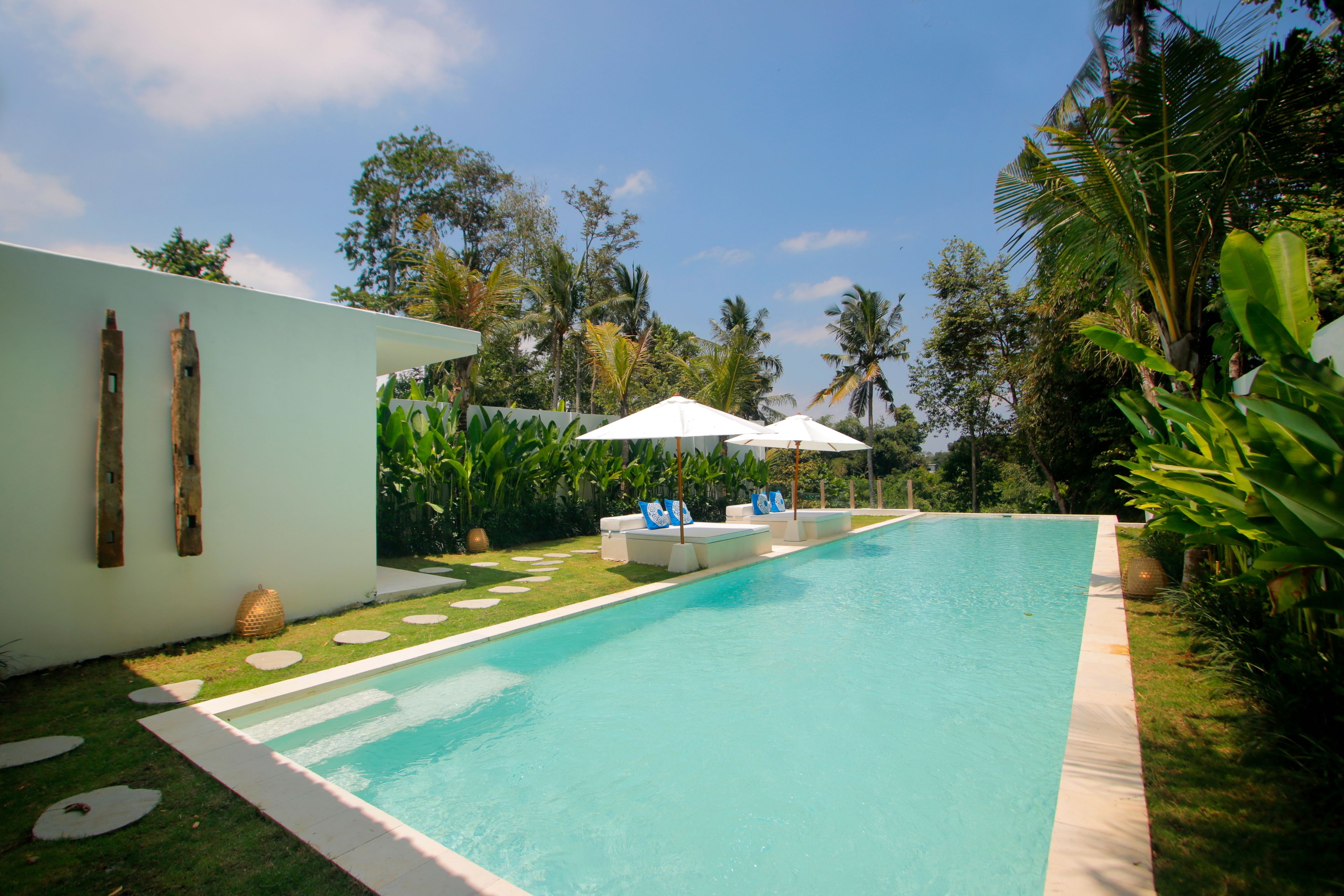 Una piscina con sillas de descanso y sombrillas, rodeada de vegetación tropical.