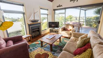 Fernseher, Kamin, DVD-Player, Bücher