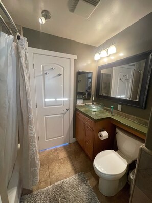 Ein Badezimmer mit Duschvorhang, Toilette, Waschbecken inklusive Spiegel und Handtuchhalter.