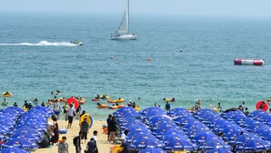 Une plage parsemée de nombreux parasols bleus, un voilier et des personnes pratiquant diverses activités nautiques.