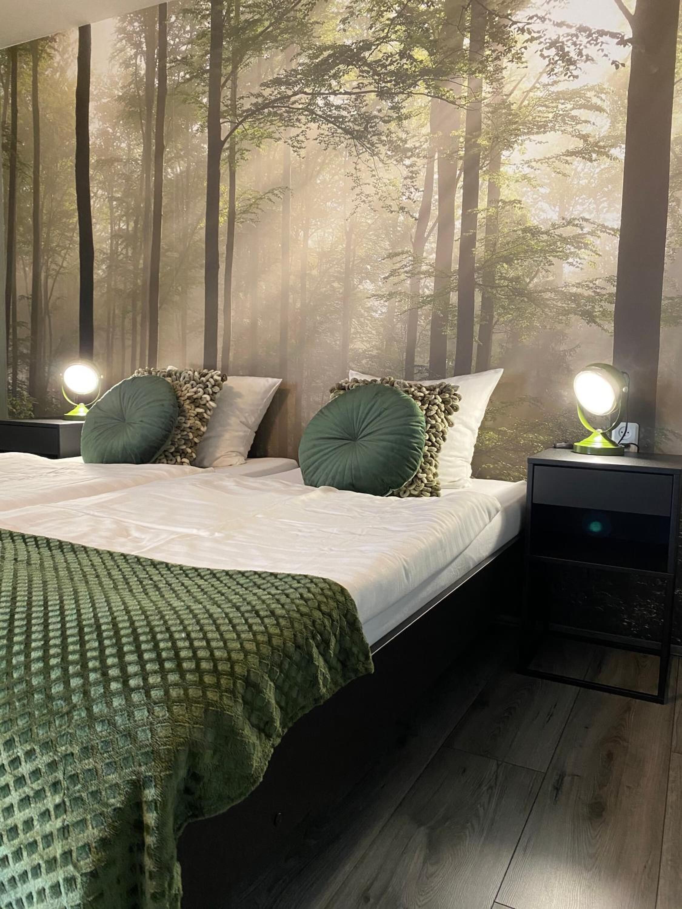 premium bedding, desk, blackout curtains, free wifi