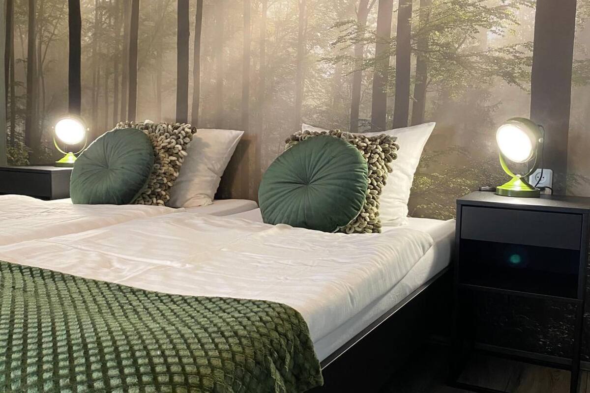 premium bedding, desk, blackout curtains, free wifi