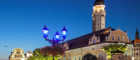 A historic building with a clock tower, ornate street lamps, and a fountain.