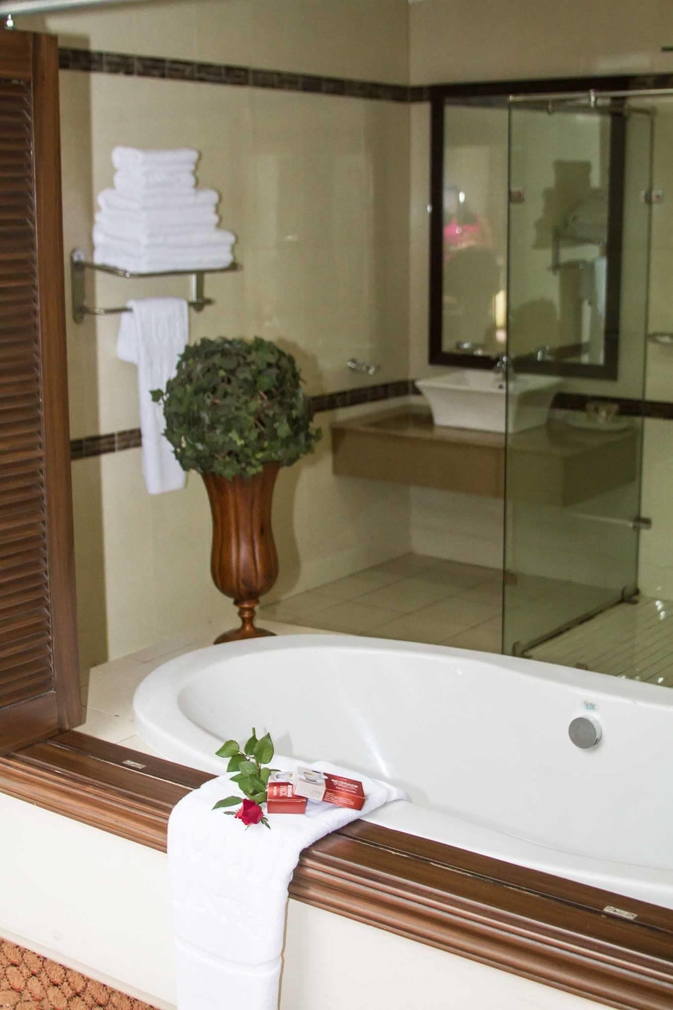 Separate tub and shower, deep soaking tub, rainfall showerhead