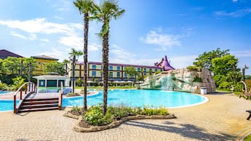 Seasonal outdoor pool, open 9 AM to 7:00 PM, pool umbrellas