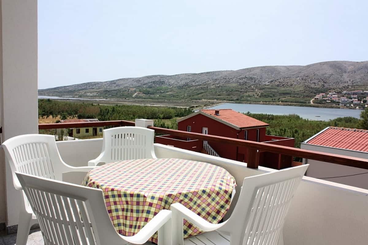A balcony with white plastic chairs and a table, overlooking a lake and hills.
