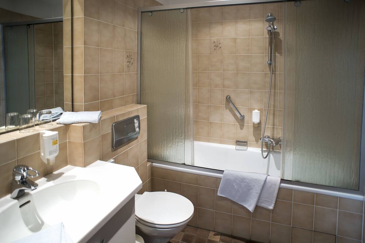 standard triple room (gästehaus) | bathroom | shower, free toiletries, hair dryer, towels