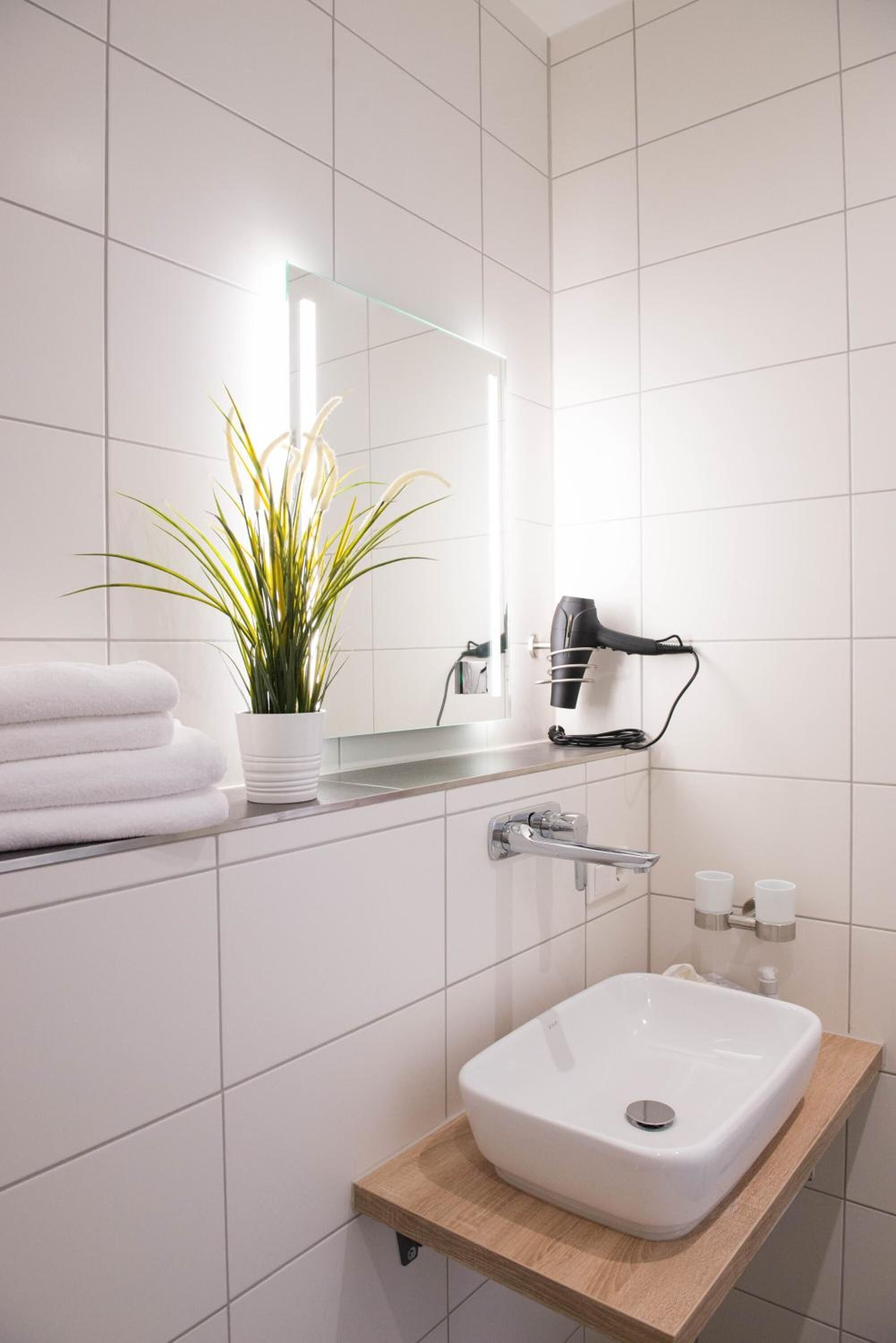 A modern bathroom with a white sink, a mirror, a hairdryer, and a potted plant.
