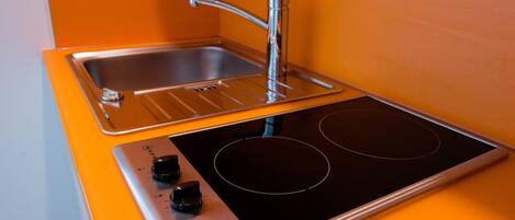 A compact kitchen with a built-in sink and an induction cooktop.