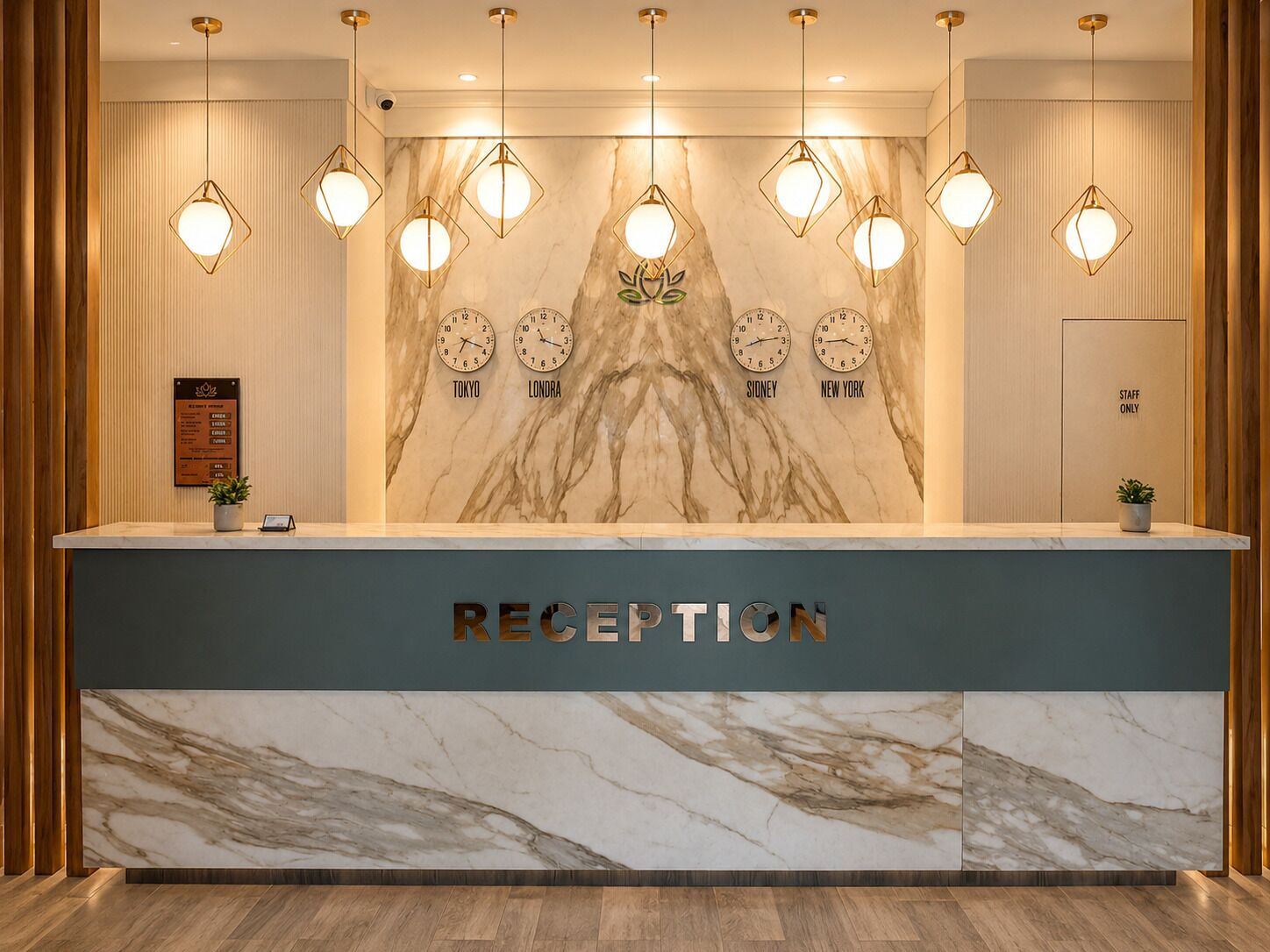 A reception desk with a marble counter, multiple wall clocks, and hanging pendant lights.